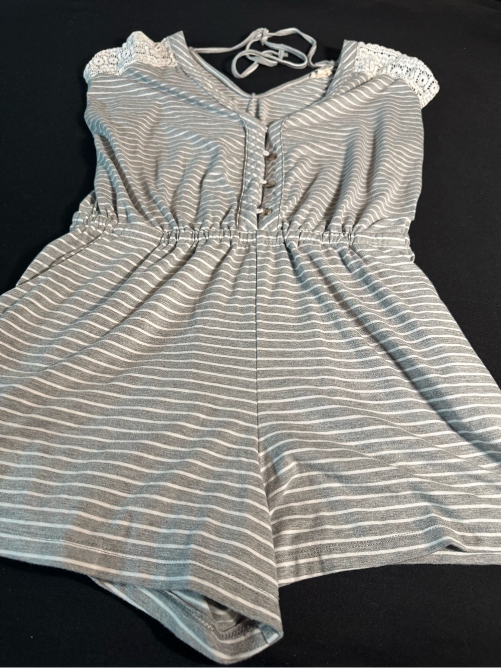 Striped Gray & White Lace-Trim Romper